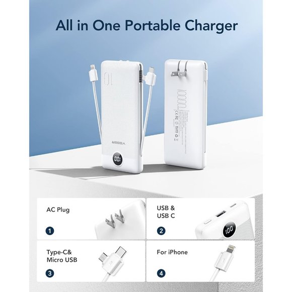 Power Bank for iPhone Built in Cables Fast Charging USB C Slim 10000 - Picture 2 of 9